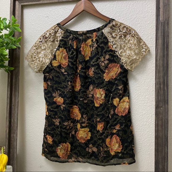 Anthropologie HD IN PARIS Floral & Gold Lace Top - Picture 9 of 16